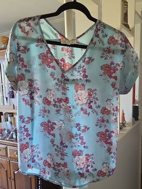 Pink Rose Aqua Floral V-Neck Blouse